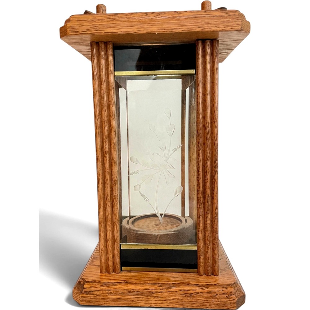 Vintage 80s Oak Wood Etched Glass Bird Lantern Tea Light Candle Holder Handmade